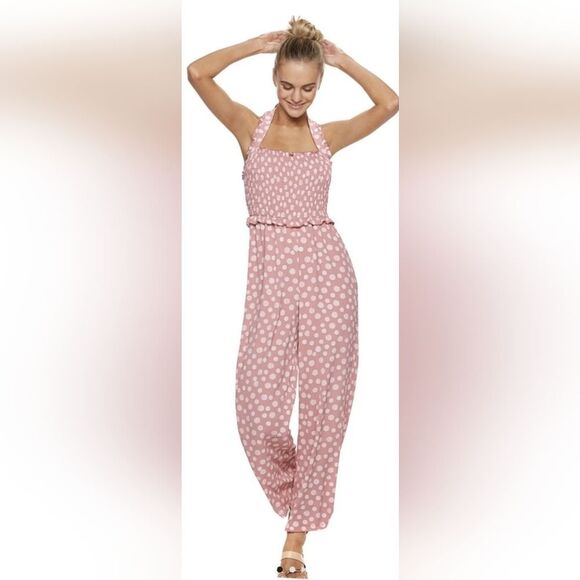 Candies Smooked Polka Dot Halter Jumpsuit - Pink - Picture 1 of 3